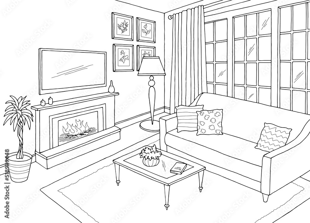 Living room graphic black white interior sketch illustration vector 