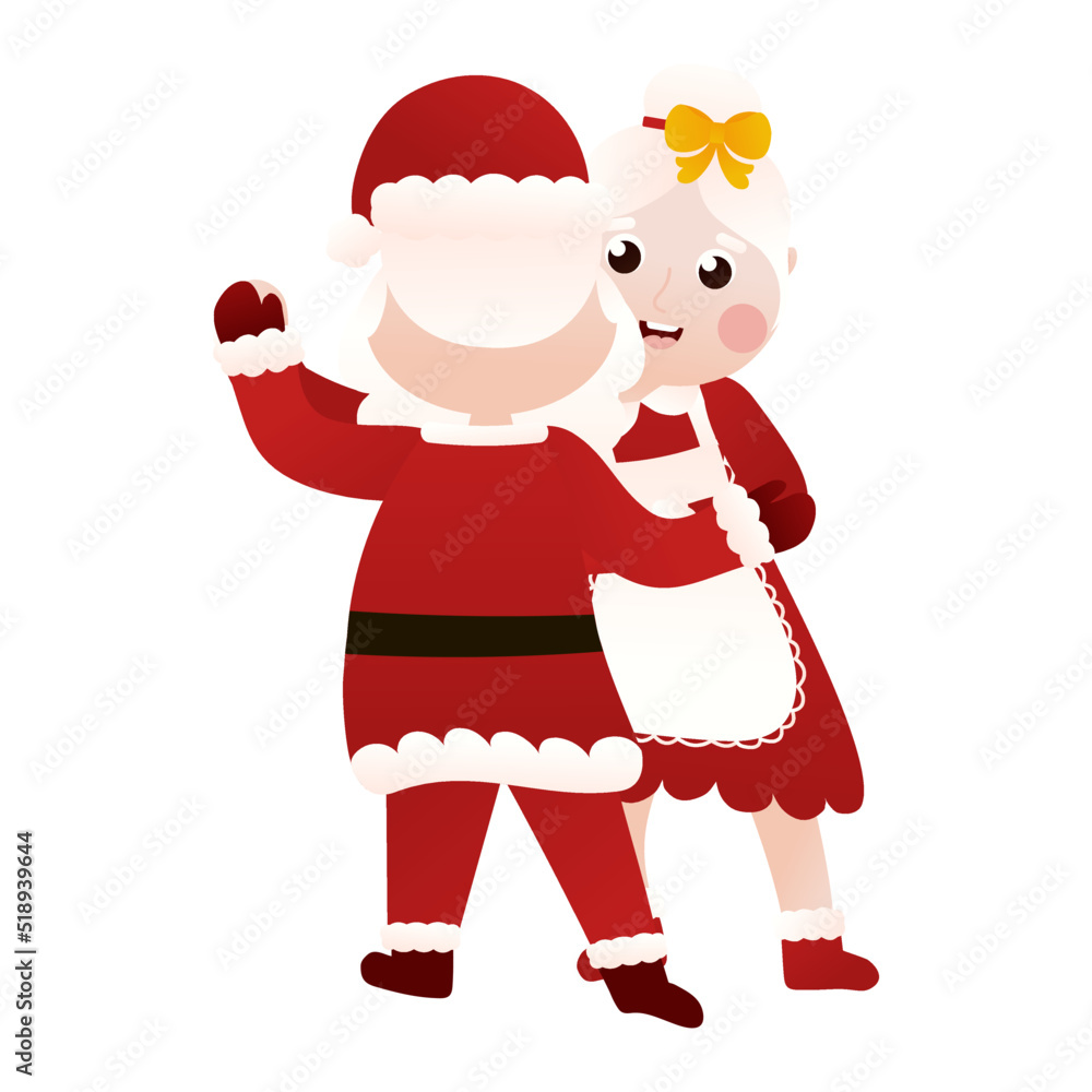 Santa and Mrs Claus dancing together in cartoon style on white background, clip art for poster design Santa and Mrs Claus dancing together in cartoon style on white background, clip art for poster design