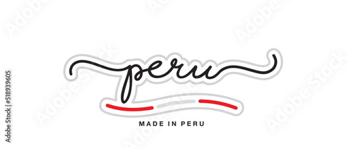 Made in Peru, new modern handwritten typography calligraphic logo sticker, abstract Peru flag ribbon banner