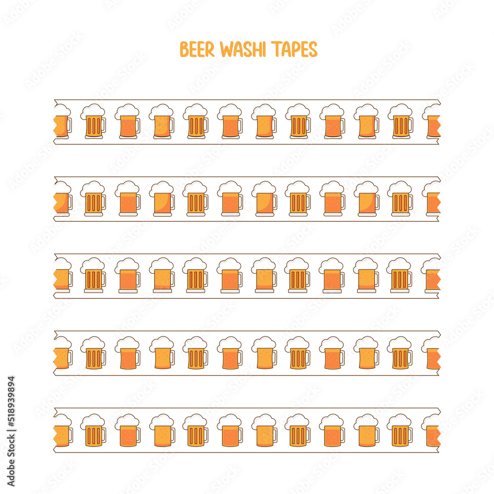 Set of Beer or Beer glass patterned washi tape isolated on a white background. Vector and illustration of a decorative tape.