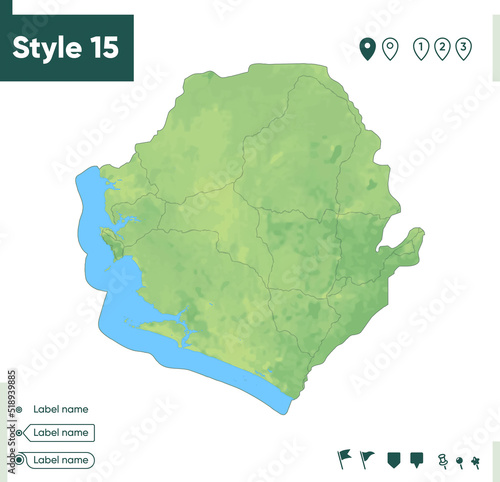 Sierra Leone - map with shaded relief, land cover, rivers, lakes, mountains. Biome map.