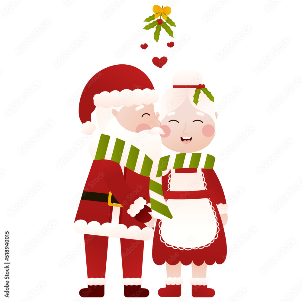 Mr and Mrs Santa Claus kissing under the mistletoe at the christmas party in cartoon style on white background Mr and Mrs Santa Claus kissing under the mistletoe at the christmas party in cartoon style on white background