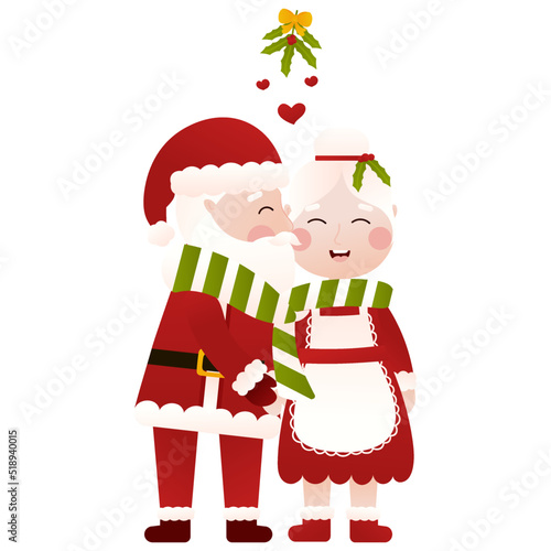 Mr and Mrs Santa Claus kissing under the mistletoe at the christmas party in cartoon style on white background