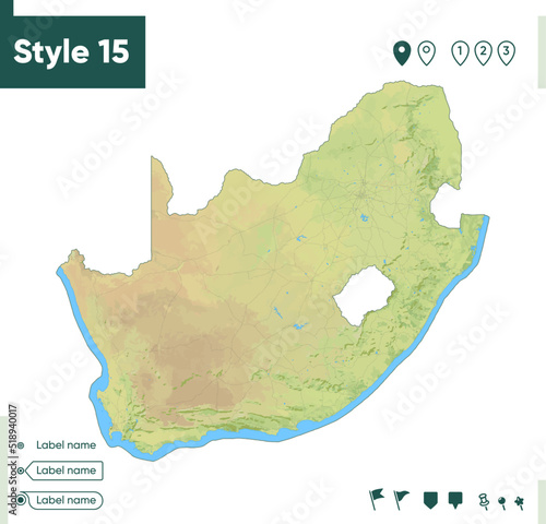 South Africa - map with shaded relief, land cover, rivers, lakes, mountains. Biome map.