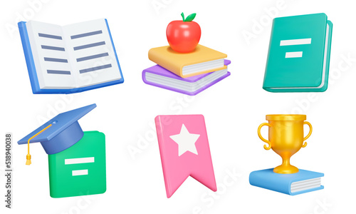 Book 3d icon set. A stack of books. Reading literature and learning from books. Isolated icons, objects on a transparent background