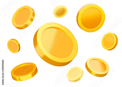 Flying coins 3d set. Enrichment. Bright explosion gold coins of different direction and distance. Shiny yellow coin. Isolated objects on a transparent background