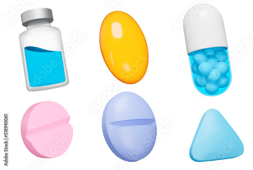 Medication 3d icon set. Tablets, pills, liquid for injection. Medicinal products, pharmaceutical drug.. Isolated icons, objects on a transparent background