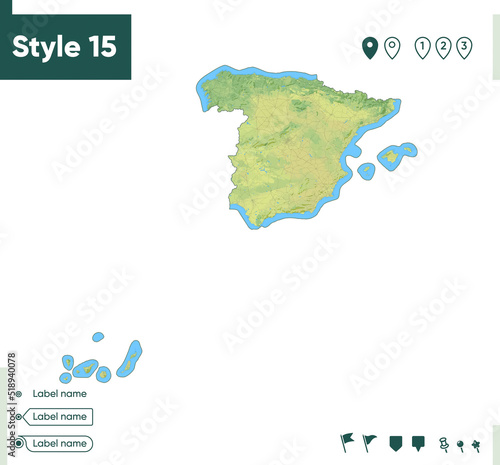 Spain - map with shaded relief, land cover, rivers, lakes, mountains. Biome map.