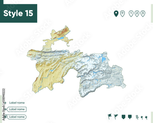 Tajikistan - map with shaded relief, land cover, rivers, lakes, mountains. Biome map.