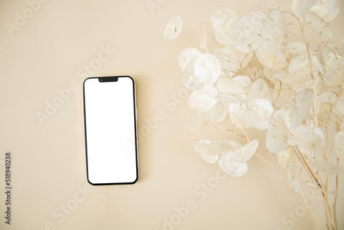 Top view mobile mockup with lunaria leaves on beige background
 photo