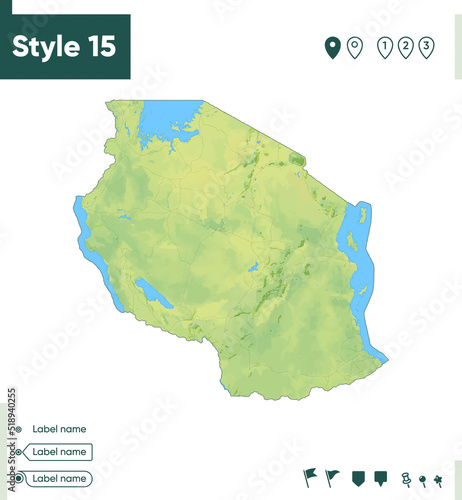 Tanzania - map with shaded relief, land cover, rivers, lakes, mountains. Biome map.