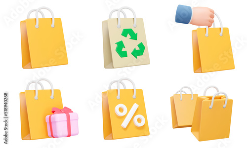 Shopping bag 3d icon set. Paper package. recycling, hold in hand, gift, discounts, etc. Isolated icons, objects on a transparent background