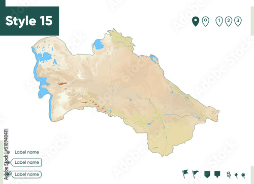 Turkmenistan - map with shaded relief, land cover, rivers, lakes, mountains. Biome map.