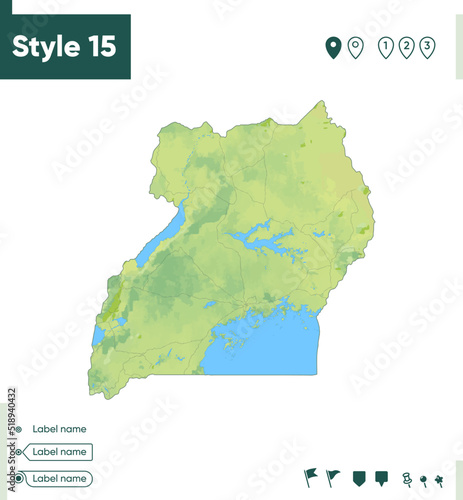 Uganda - map with shaded relief, land cover, rivers, lakes, mountains. Biome map.
