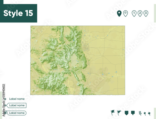 Colorado, USA - map with shaded relief, land cover, rivers, lakes, mountains. Biome map.