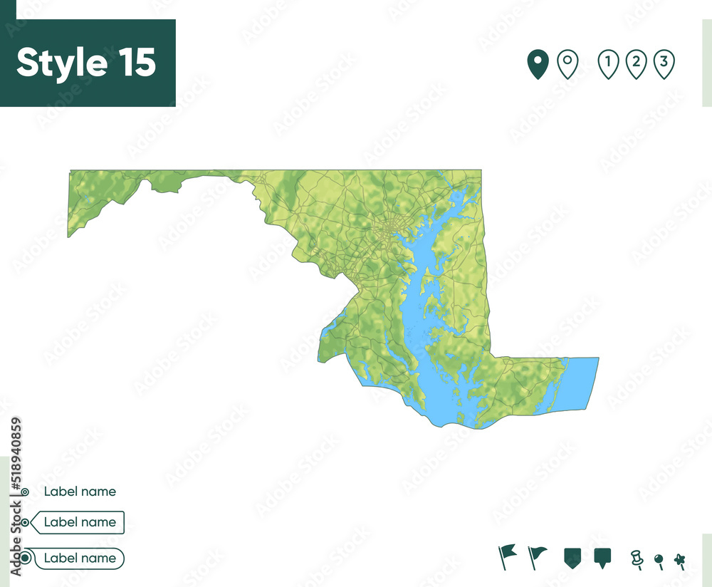 Maryland, USA - map with shaded relief, land cover, rivers, lakes, mountains. Biome map.