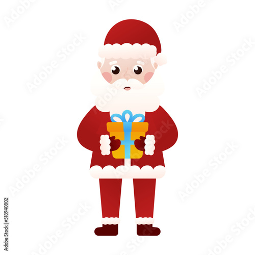 Santa Claus character holding gift boxe in cartoon style on white background, clip art for poster design