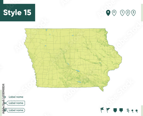 Iowa, USA - map with shaded relief, land cover, rivers, lakes, mountains. Biome map.