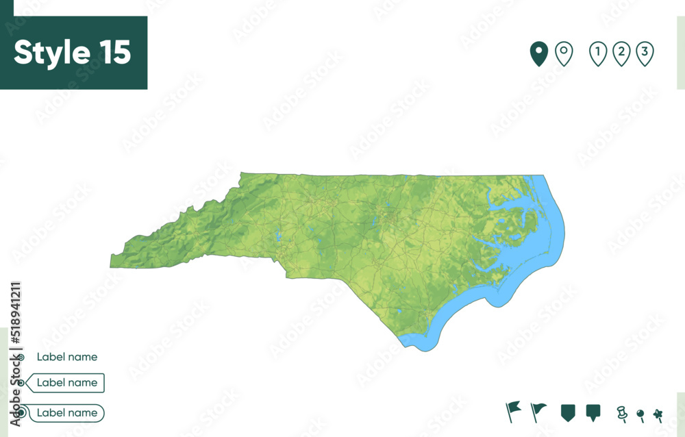 North Carolina, USA map with shaded relief, land cover, rivers, lakes
