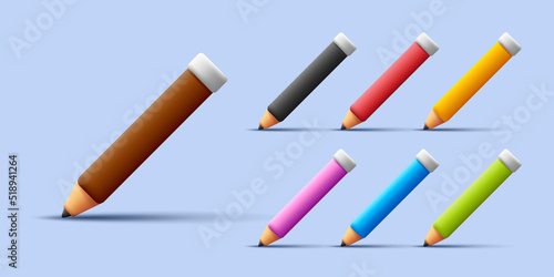 Set of 3d icons of crayons or pencils of different colors. Vector illustration