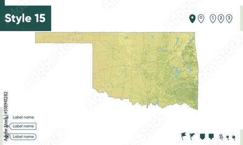 Oklahoma, USA - map with shaded relief, land cover, rivers, lakes, mountains. Biome map.