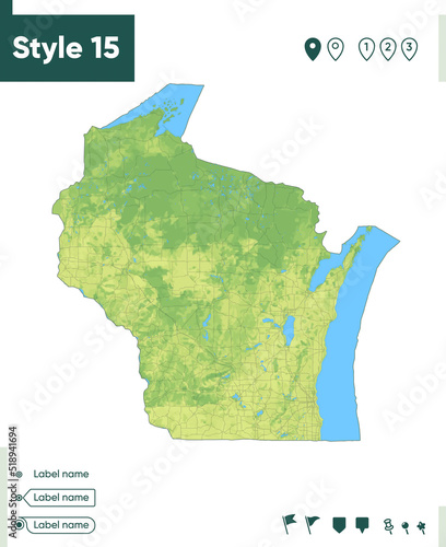 Wisconsin, USA - map with shaded relief, land cover, rivers, lakes, mountains. Biome map.