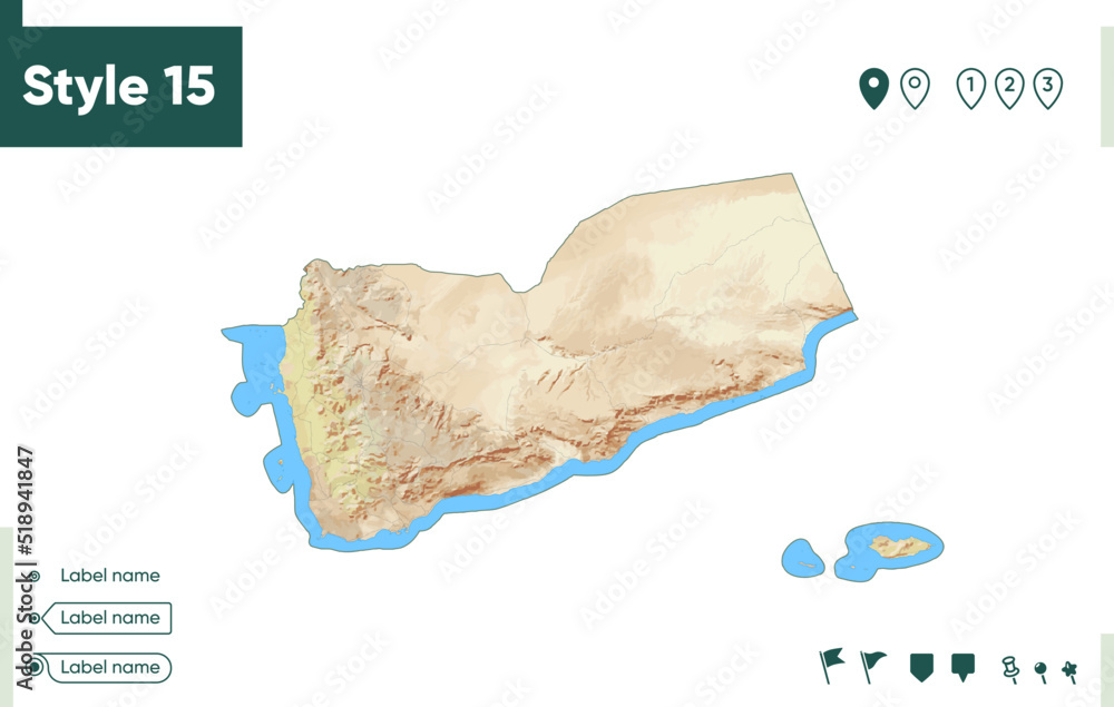 Yemen - map with shaded relief, land cover, rivers, lakes, mountains. Biome map.
