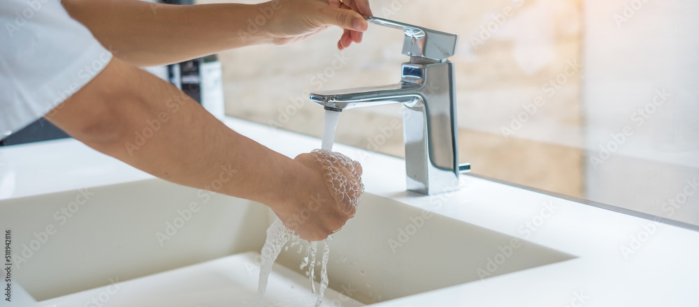 Washing hands with liquid soap and tap water, Antiseptic, personal Hygiene and Healthcare concept Washing hands with liquid soap and tap water, Antiseptic, personal Hygiene and Healthcare concept