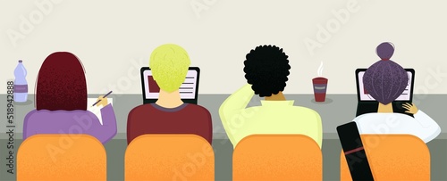 Pupils group sitting in the audience. Education concept class room with students. Vector