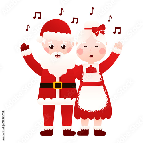 Mr and Mrs Santa Claus singing xmas carols in cartoon style on white background, clip art for poster design