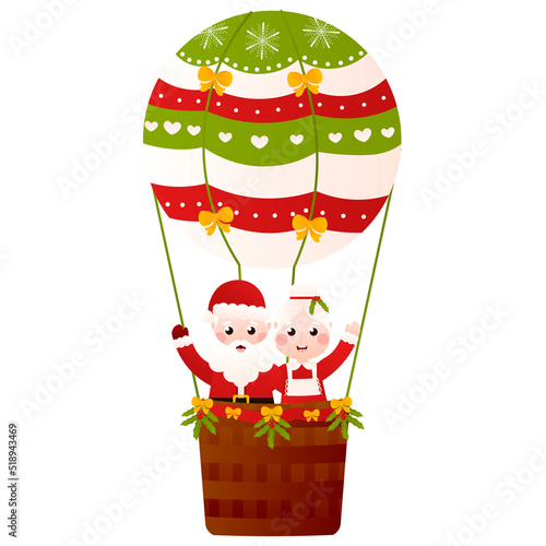 Mr and Mrs Santa Claus flying on hot air balloon and waving hands in cartoon style on white background, clip art