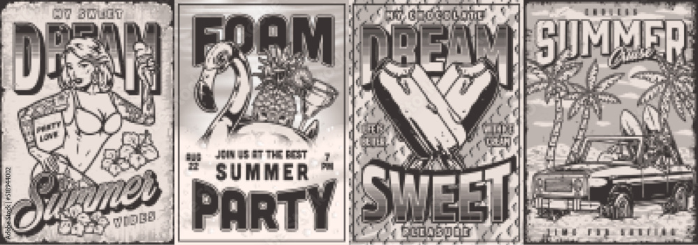 Summer party set monochrome flyers