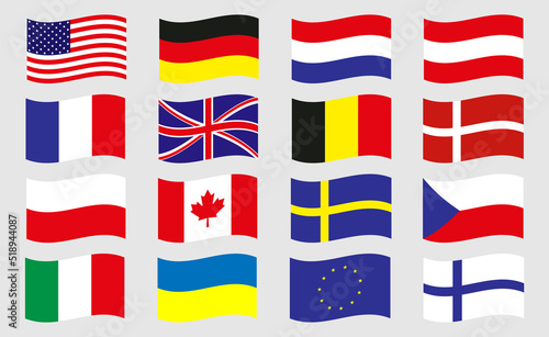Vector drawing flags of European countries, EU, flags USA and Canada
