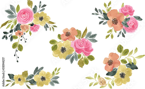 set of vintage floral watercolor arrangement