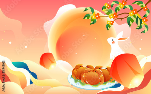 Mid-autumn festival on August 15th, Chinese mythology story Chang'e flying to the moon with moon and clouds in the background, vector illustration