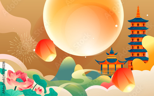 Mid-autumn festival on August 15th, Chinese mythology story Chang'e flying to the moon with moon and clouds in the background, vector illustration