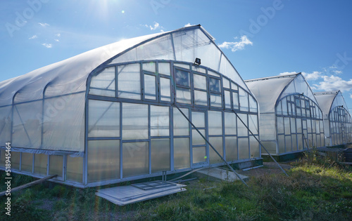 Greenhouse outside view. Agricultural eco farming and farming for growing vegetables and fruits. Greenhouses business concept.