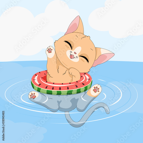 Uroczy mały rudy kotek w kole do pływania, bawiący się w wodzie. Wektorowa ilustracja zadowolonego, rozbawionego kota. Słodki, zabawny zwierzak. Letnia, wakacyjna ilustracja.