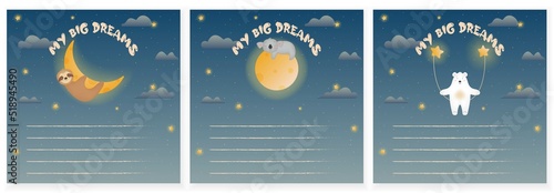 My big dreams for children. Magic starry sky with cute animals. Outer space. Set of vector illustration