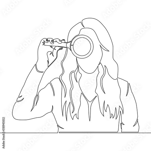 Continuous line drawing Young woman using magnifying glass Searching internet data icon vector illustration concept