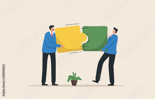 Partnership with puzzles. Connecting puzzle pieces is the solution. Business connections or relationships with colleagues. Two businessmen are connected by a puzzle.