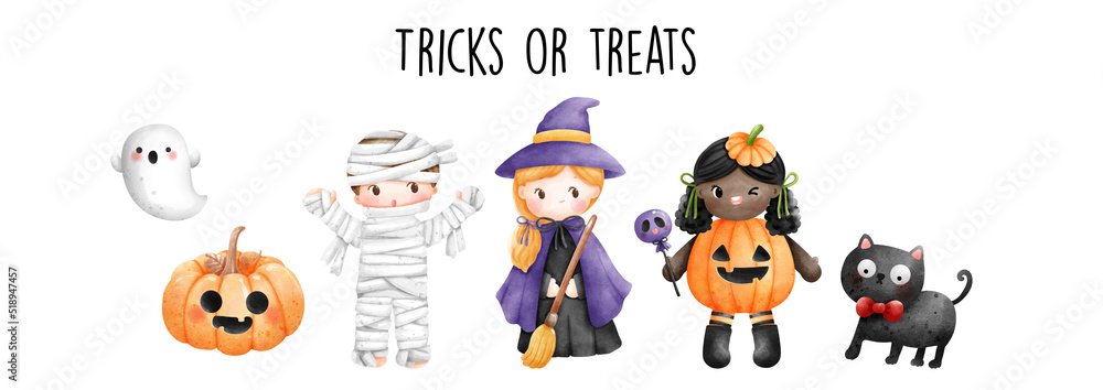 Fototapeta premium Happy Halloween with cute children in halloween costume. Vector illustration