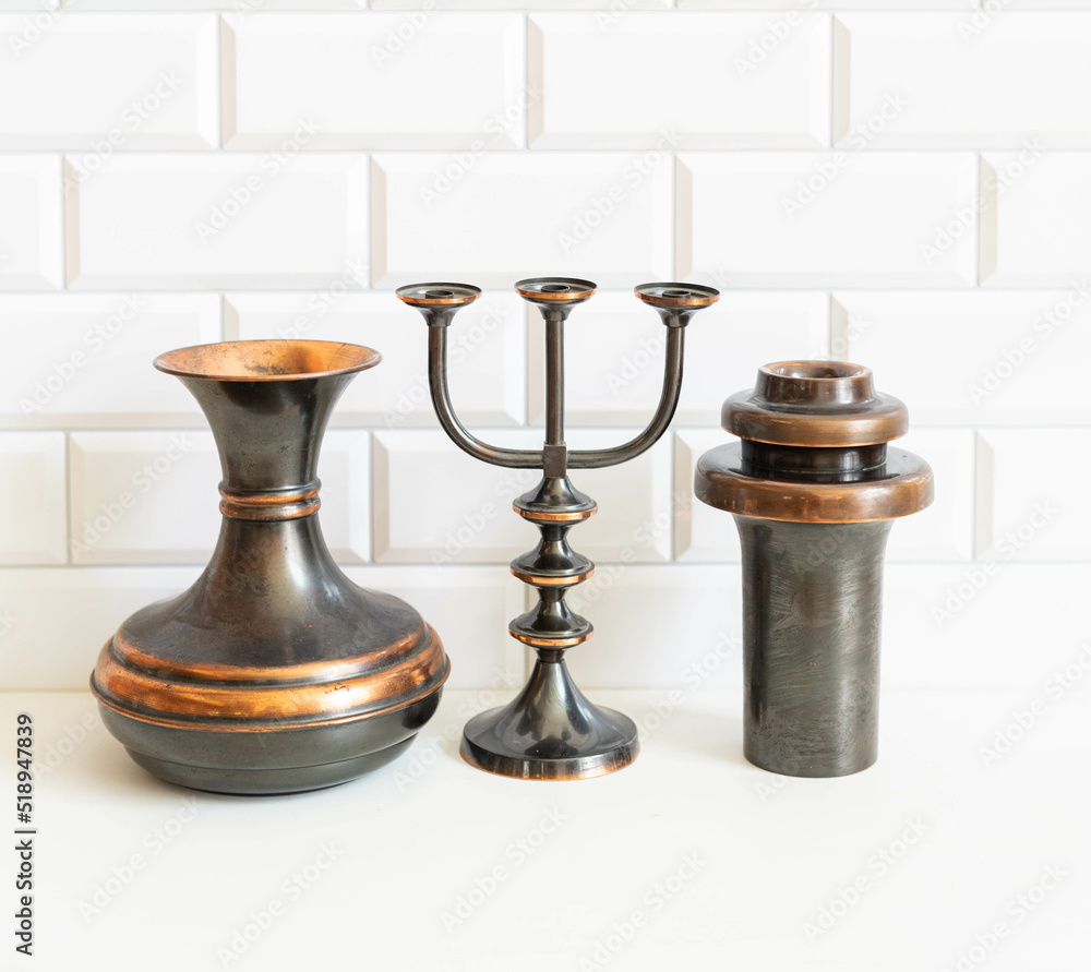 Mid-century modern copper home decor set - vases and candle holder Mid-century modern copper home decor set - vases and candle holder