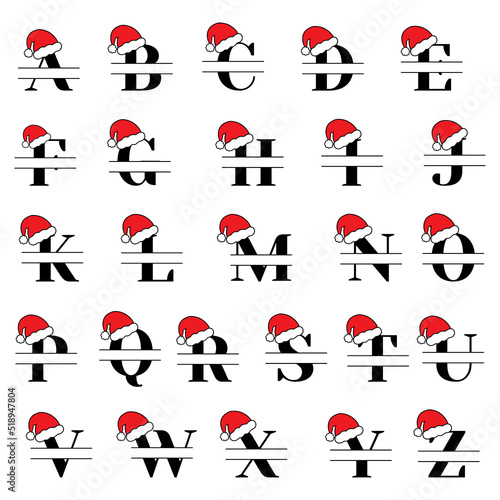 Christmas split monograms Alphabet. Set of letters with santa hats. Personalized monograms for Christmas or New Year greetings.