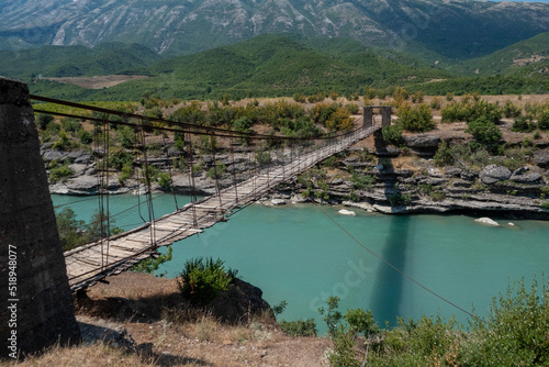 Permet  Albania A crumbling wooden and steel footbridge bridge over the Vjosa river