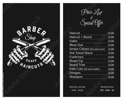 Vector Illustration business card price list and special offer for barber shop. Pricelist for barber shop with label opening hours and reservation on black background. Printable template	
