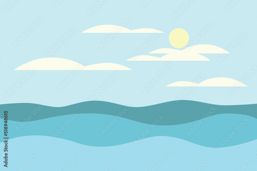 Vector landscape in flat style. Sea waves, blue sky, yellow round sun, white clouds. Elements for design card, poster, illustration, flyer about travel, nature.