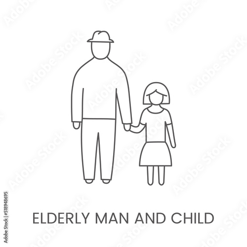 An elderly man holds a child's hand, a linear vector icon.