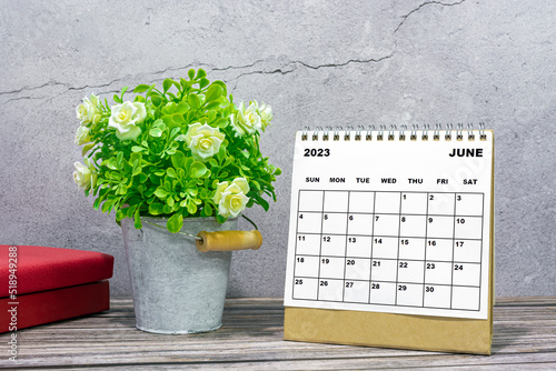 June 2023 desk calendar on wooden desk with potted plant and books