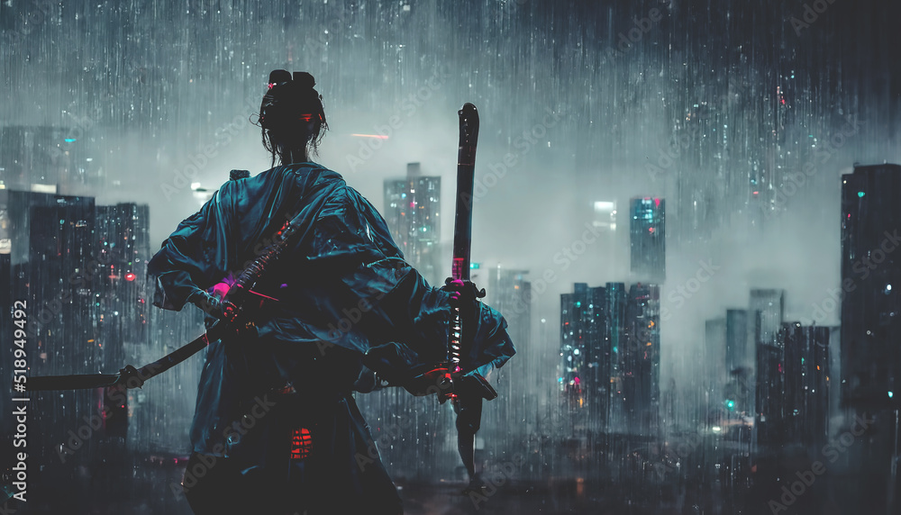 Samurai on the background of the night neon city, rain. Dark rainy streets, neon lights in the dark. Samurai silhouette, dark city streets, smoke, smog, blurred background. 3D illustration. - obrazy, fototapety, plakaty 